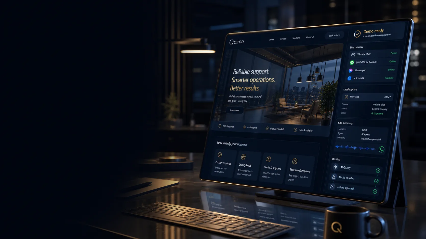 Private Qaimo demo launch dashboard on a modern workspace screen