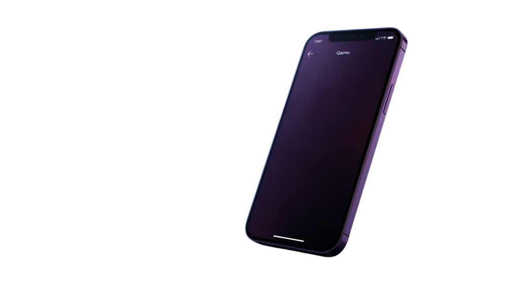 Angled smartphone showing an animated Qaimo customer conversation
