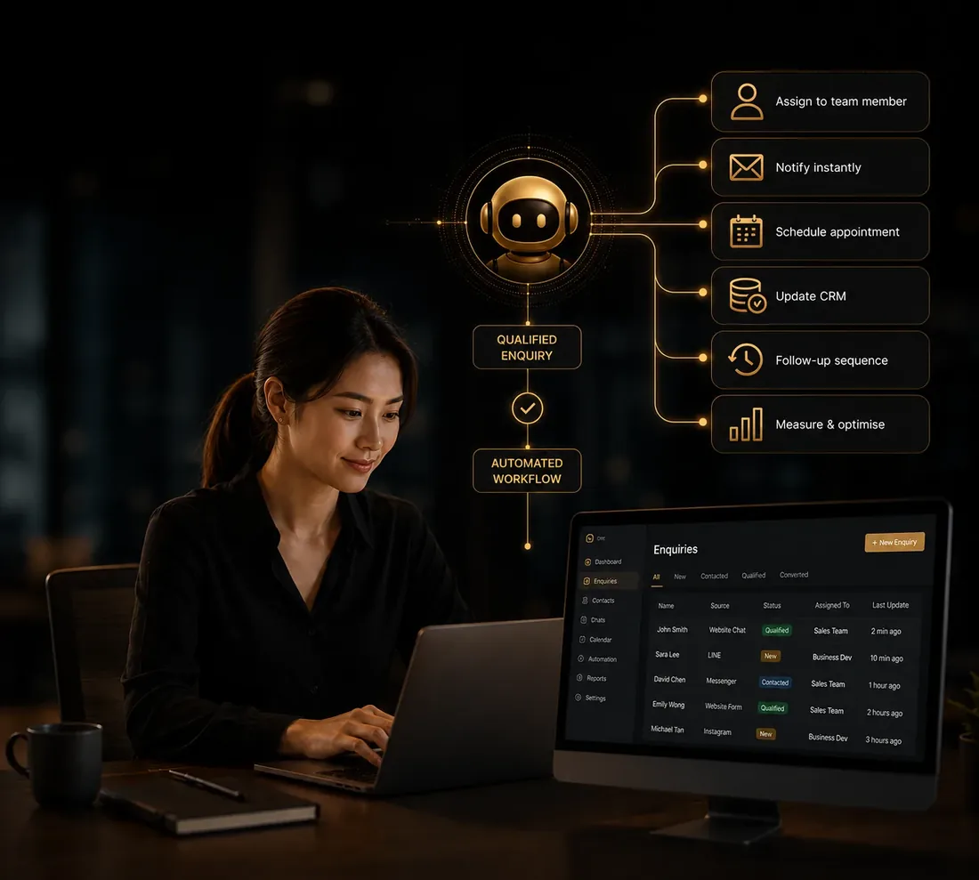 Automation workflow routing qualified enquiries to staff, CRM and follow-up